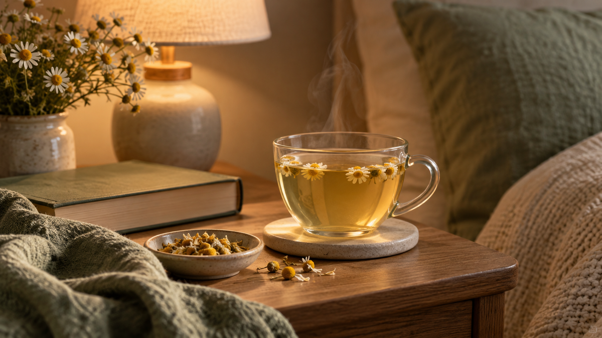 Warm chamomile tea beside a book in a calm evening setting