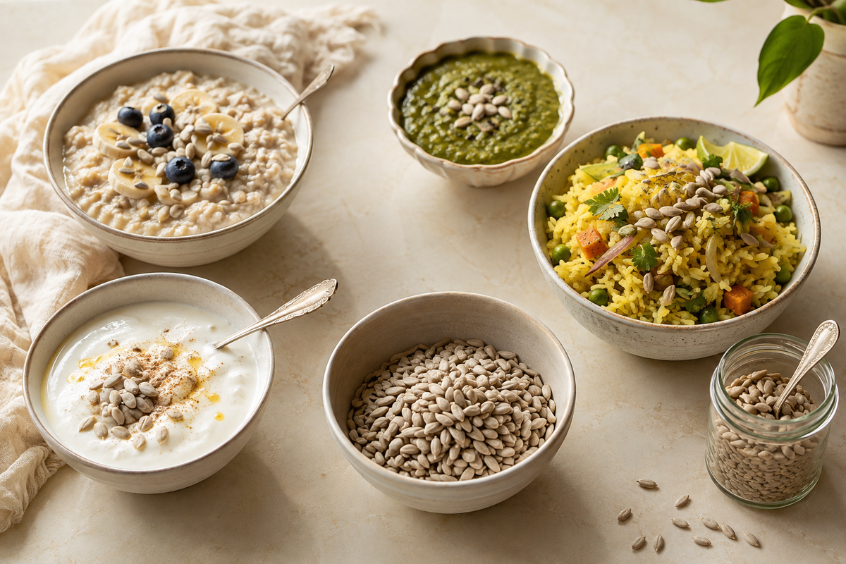Sunflower seed kernels served with oats, curd, chutney and vegetable poha