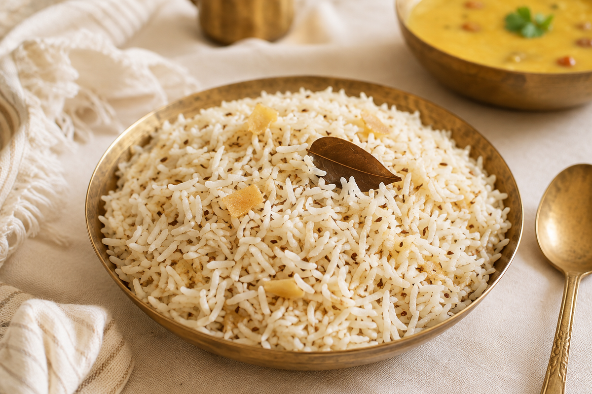 Dry ginger jeera pulao with basmati rice and peas