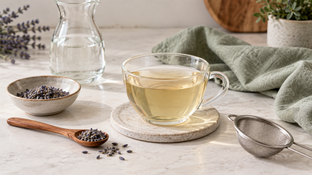 Delicate pale lavender tea with a half-teaspoon of dried culinary lavender buds