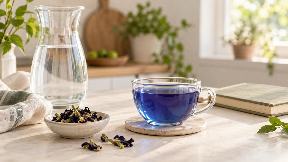 A calm everyday cup of butterfly pea flower tea with a measured pinch of dried flowers
