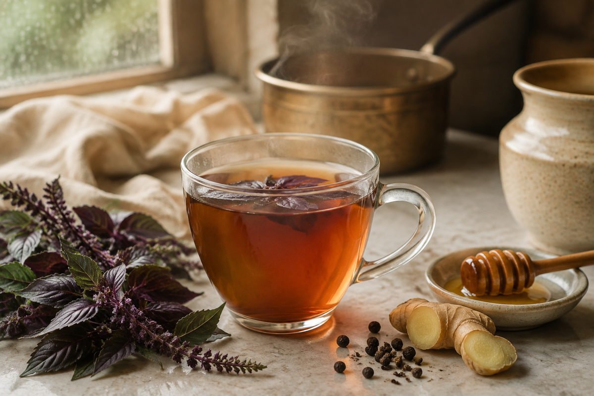 Warm Krishna tulsi kadha with ginger, black pepper and honey