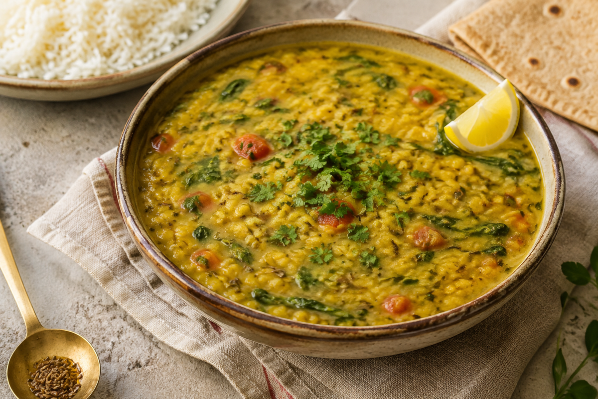 Yellow moong dal with moringa, tomato, cumin and a lemon wedge