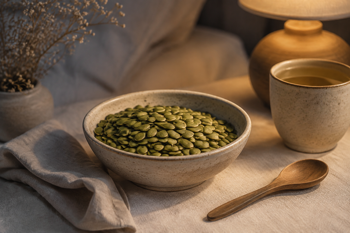 Bowl of green pumpkin seeds with a warm herbal drink in a calm evening setting