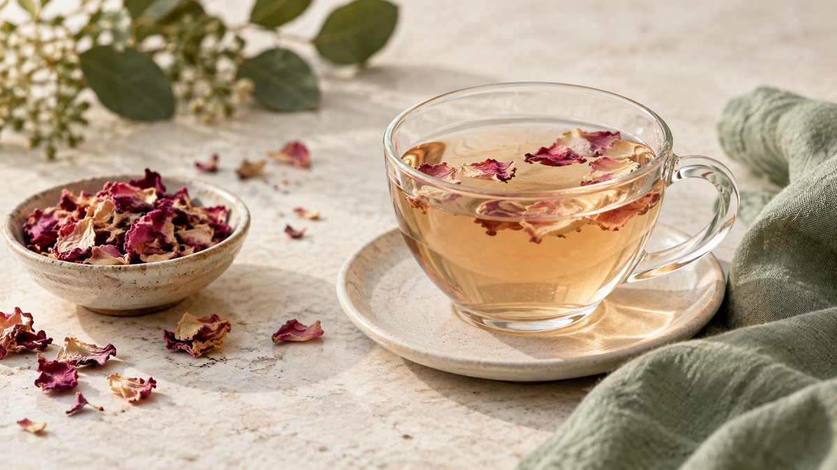Pale rose petal tea with dried edible pink rose petals