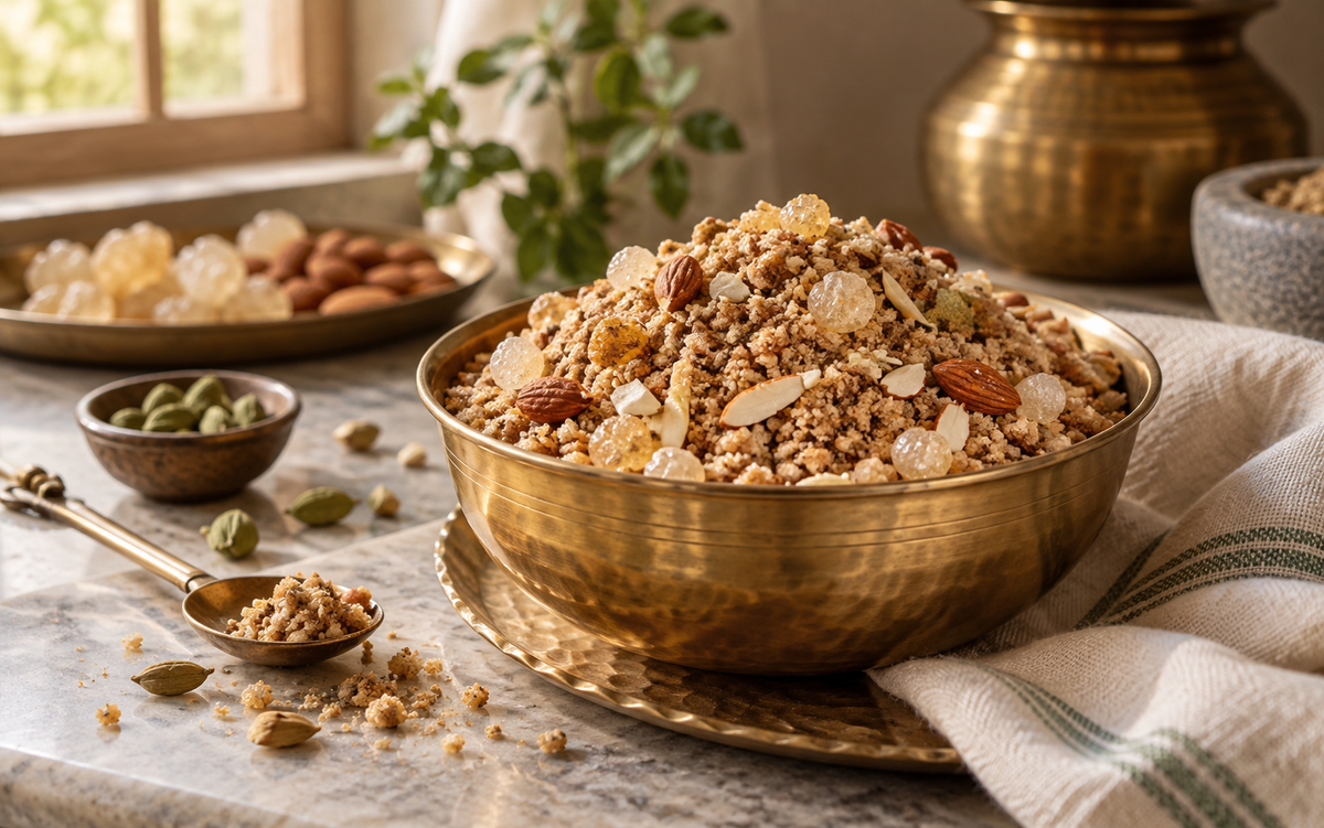 Ashwagandha gond panjiri with whole-wheat flour, nuts and cardamom