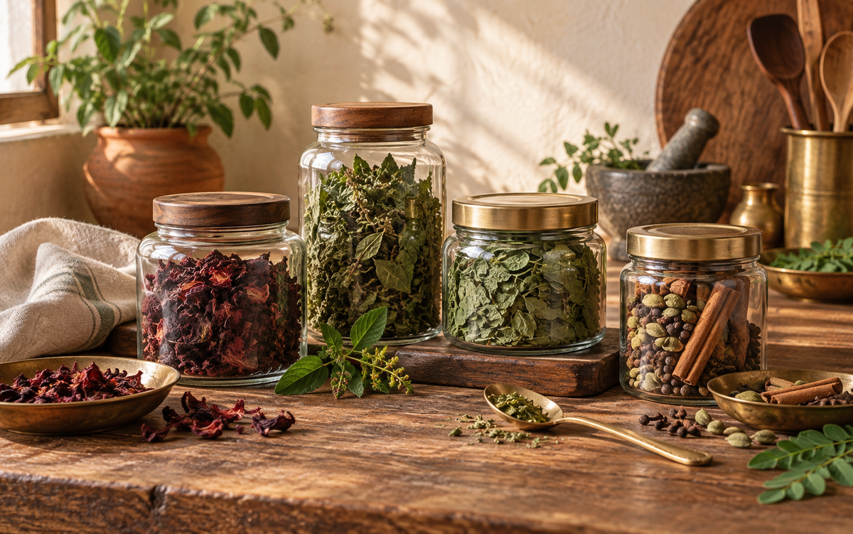 Glass pantry jars filled with dried flowers, leaves and whole spices in a warm Indian kitchen