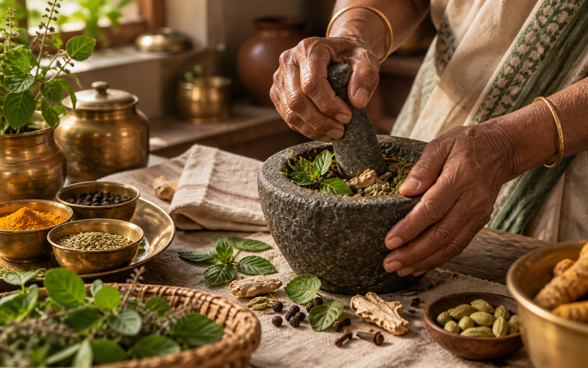 Grandmother's hands crushing tulsi, dry ginger and whole spices in a traditional stone mortar