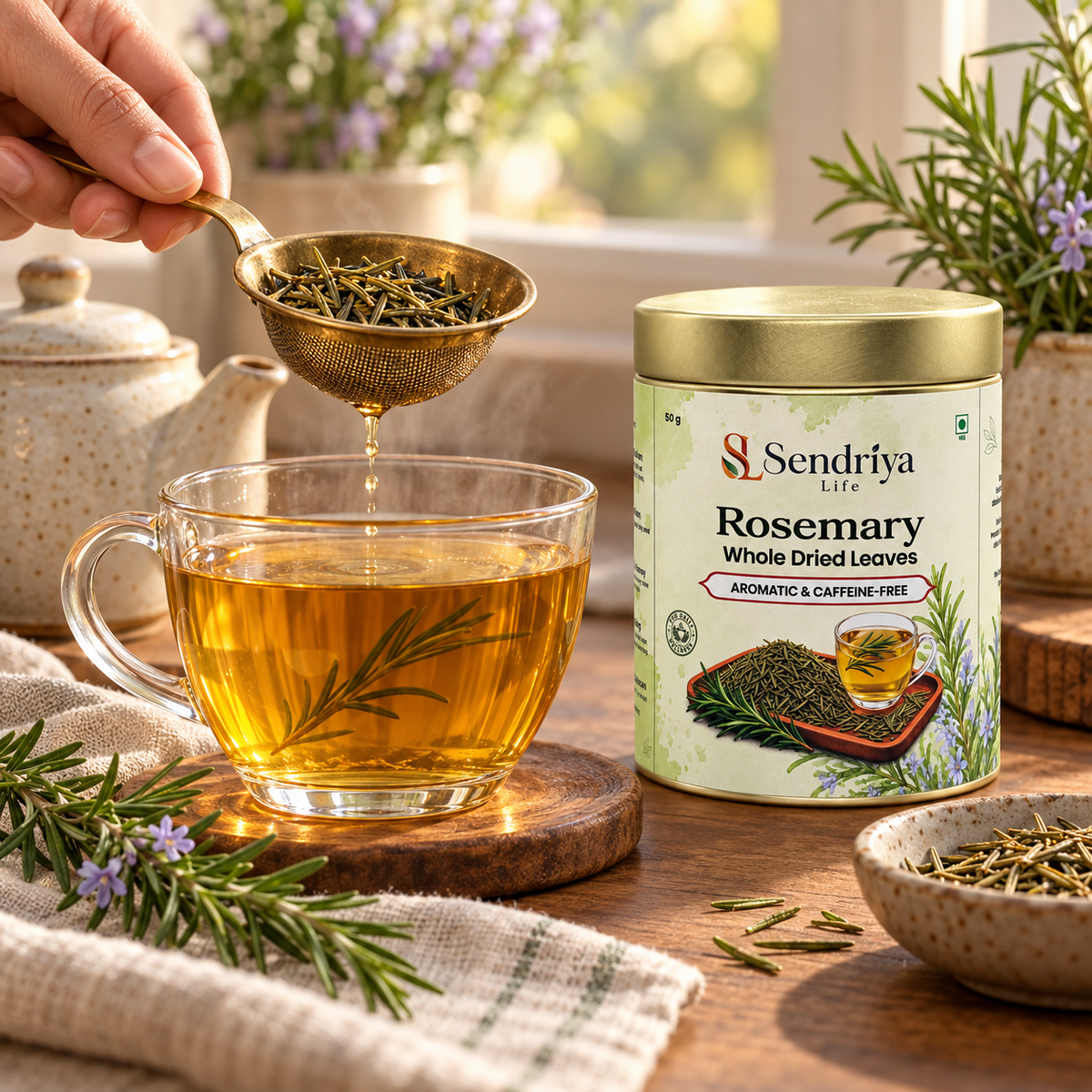 Rosemary ajwain herbal infusion with lemon peel and jaggery