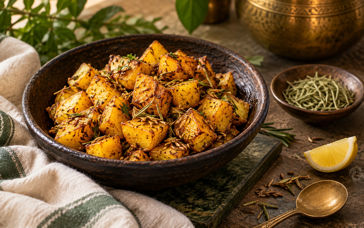 Indian-style rosemary jeera aloo with golden potatoes and lemon