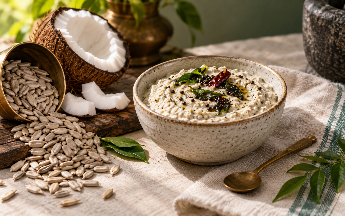 Sunflower seed coconut chutney with mustard and curry leaf tempering
