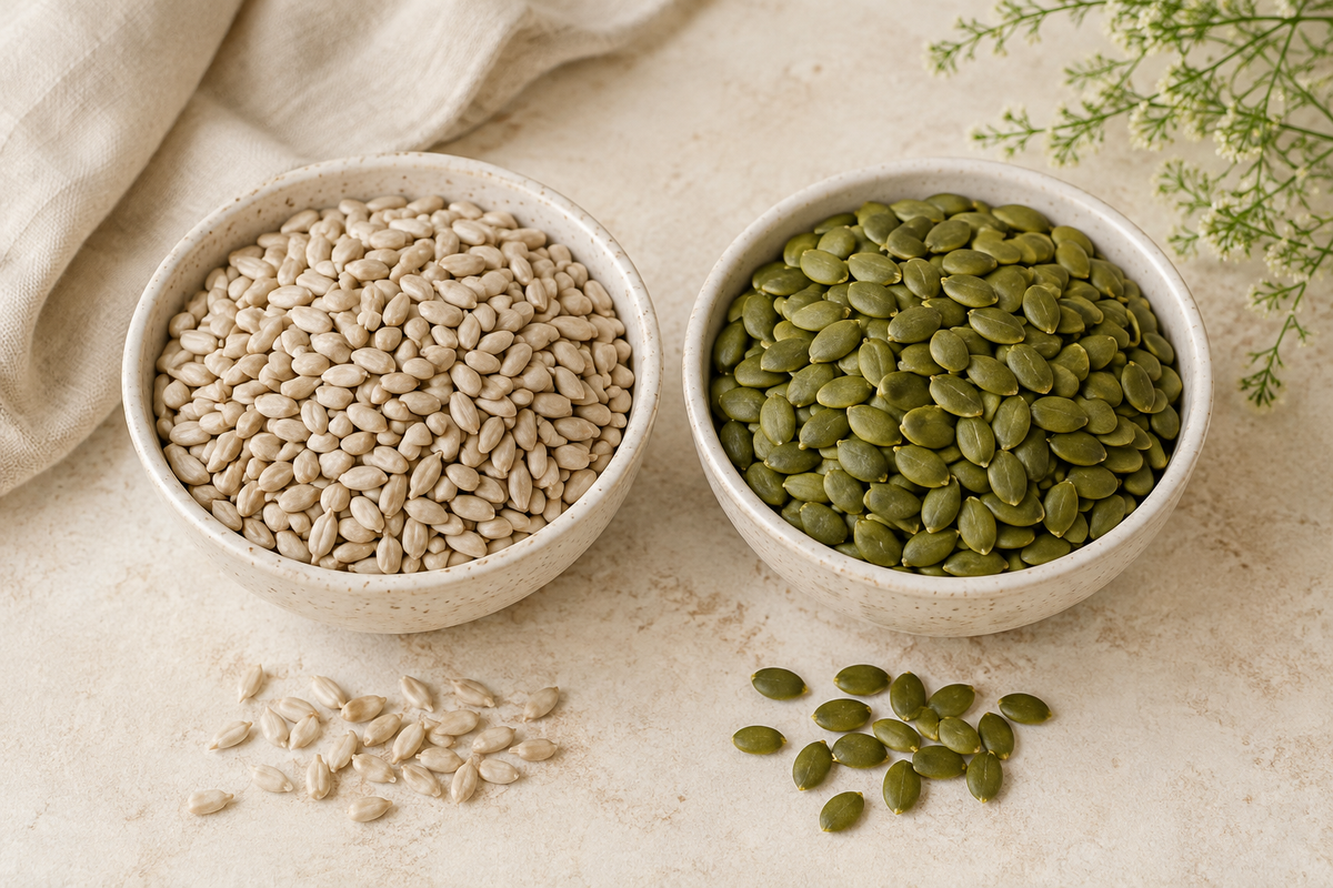 Bowls of pale sunflower seed kernels and green pumpkin seeds shown side by side