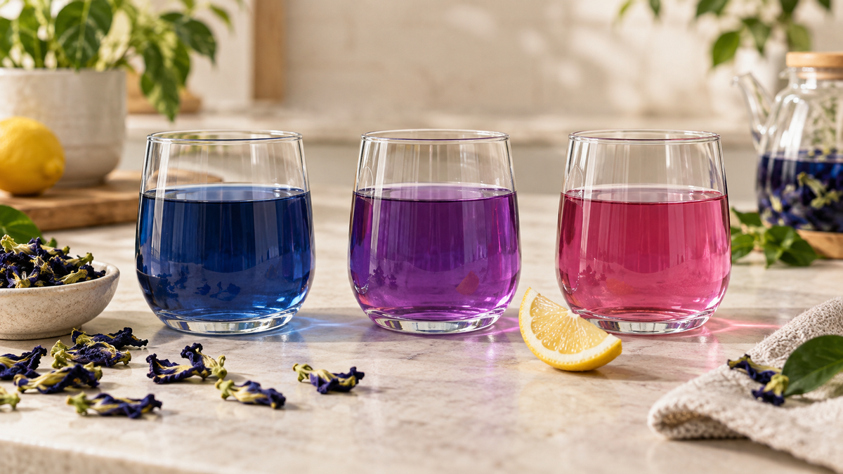 Blue butterfly pea tea changing to violet as lemon is added