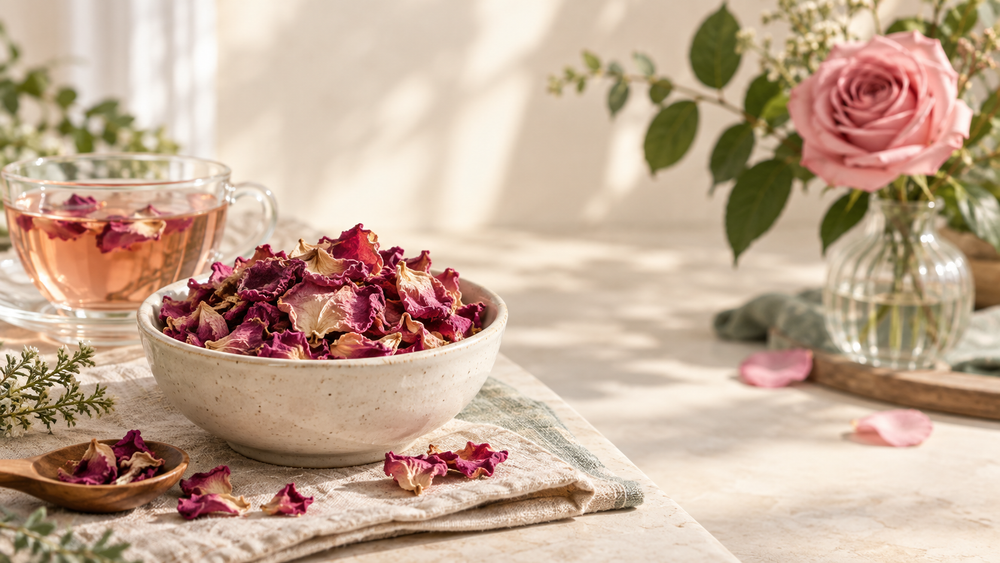 Rose nimbu sharbat with edible petals, lemon and jaggery