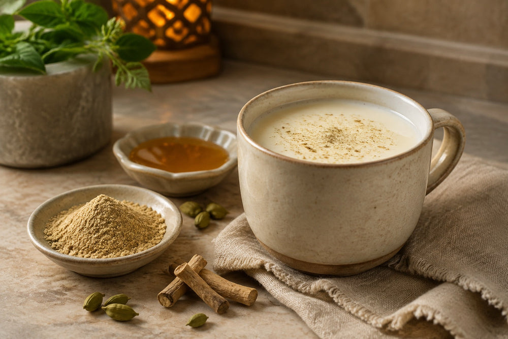 Warm ashwagandha badam doodh with almonds and cardamom