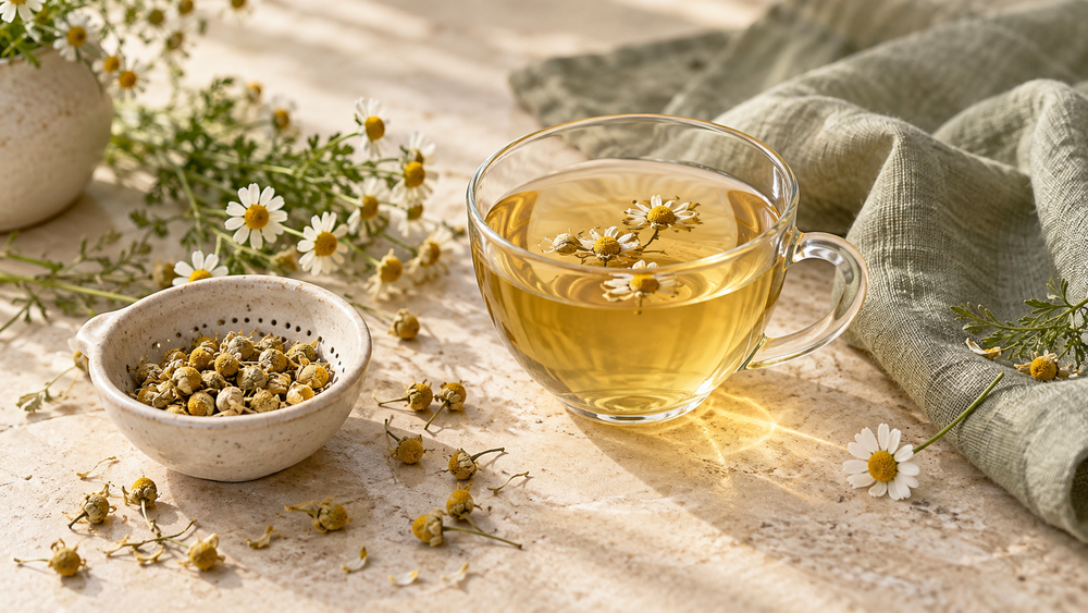 Chamomile jaggery lemon cooler with mint and ice
