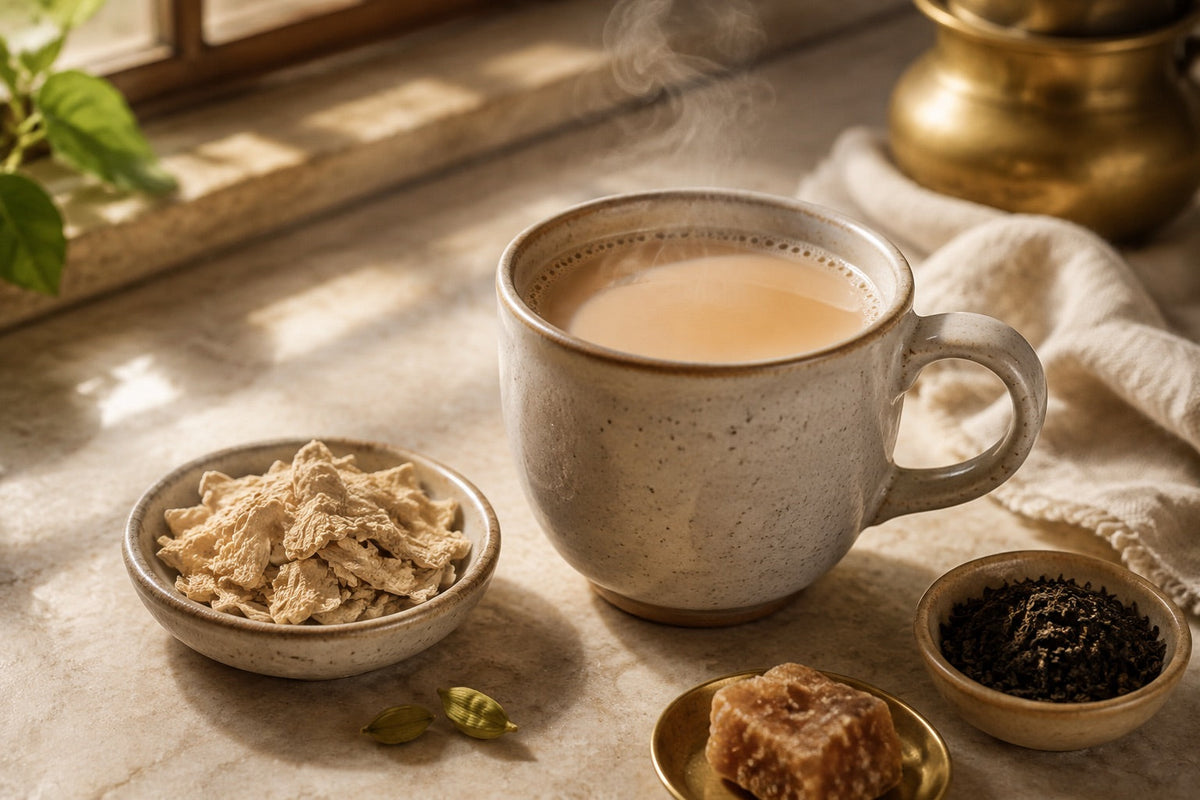 Dry ginger jaggery chai with cardamom and milk