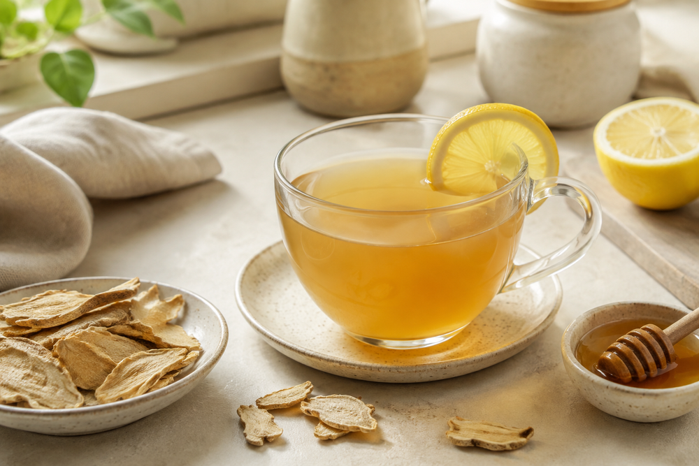 Warm dry ginger and lemon kadha with honey and natural ginger flakes
