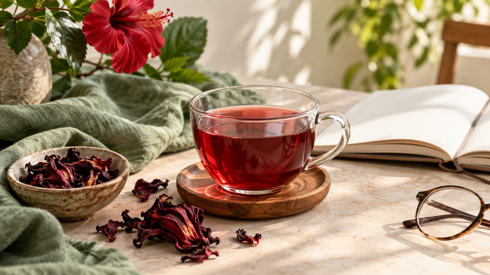 Ruby hibiscus tea and dried hibiscus flowers in a calm kitchen setting