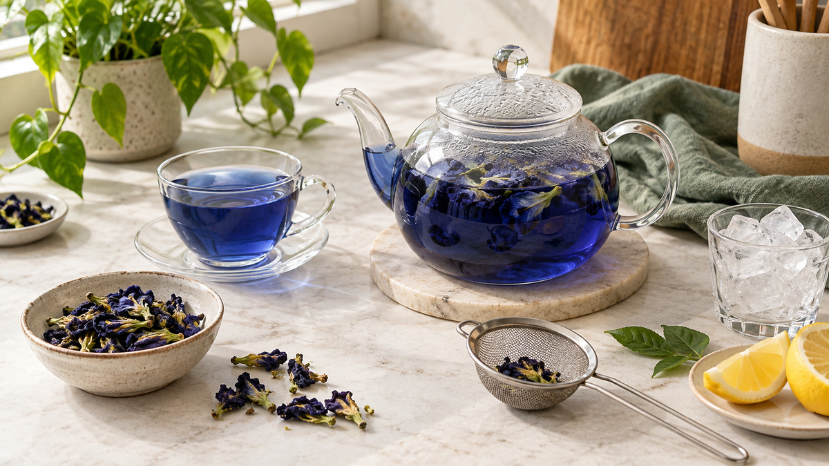 Butterfly pea tea brewing with a glass pot, blue infusion and dried flowers