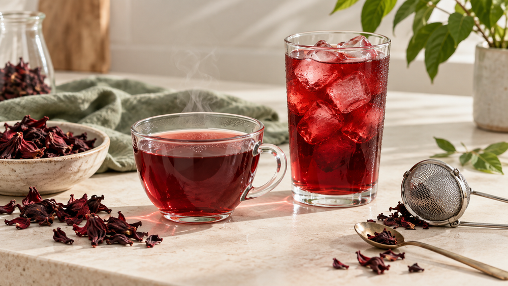 Hot and iced hibiscus tea beside dried ruby hibiscus flowers