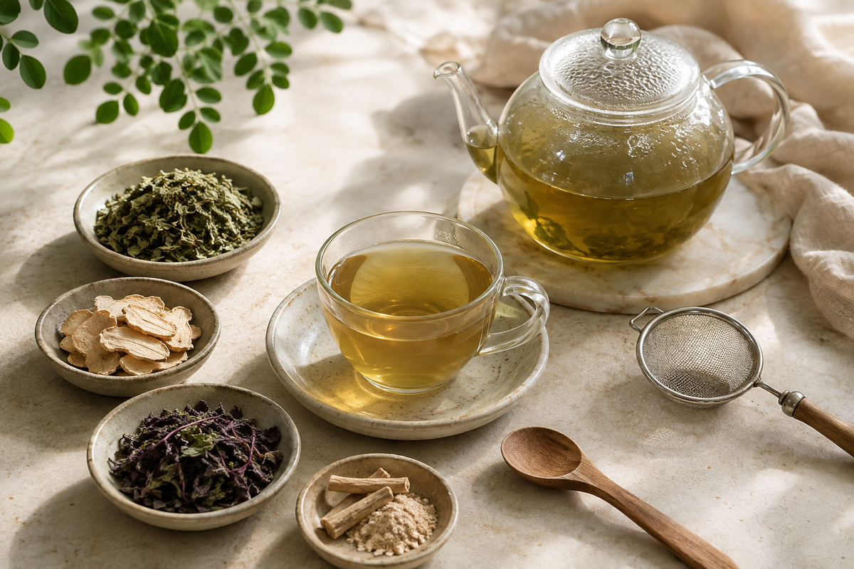 Moringa herbal tea with moringa leaves, dry ginger, Krishna tulsi and ashwagandha