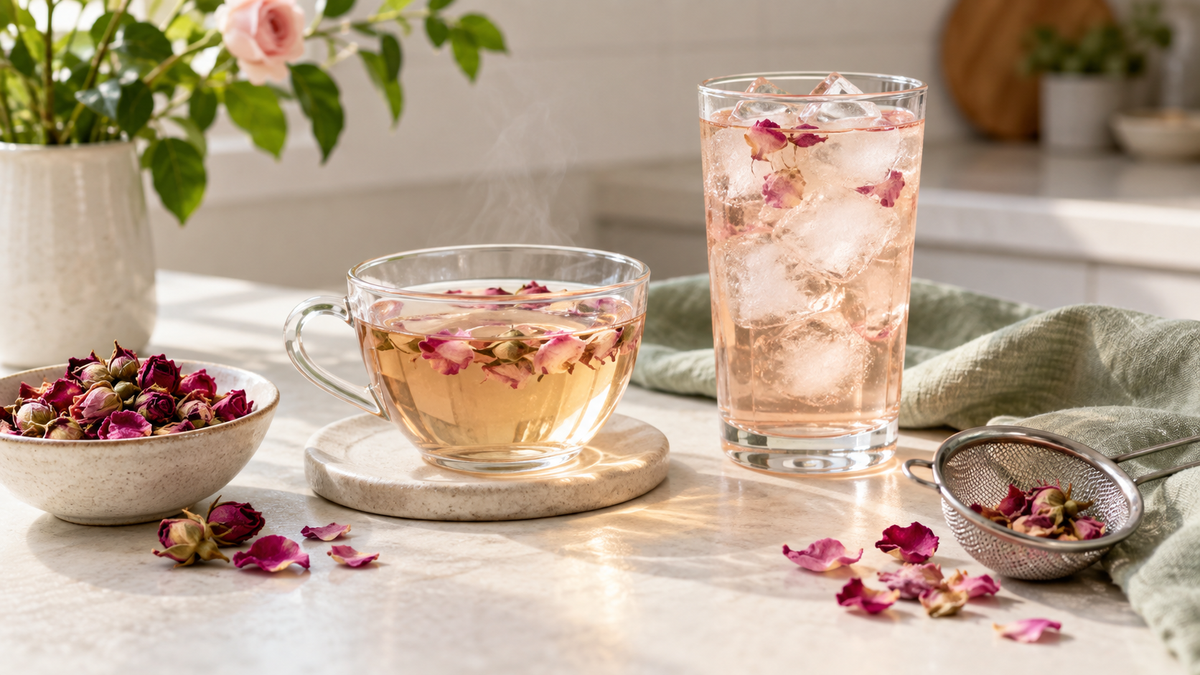 Hot and iced rose petal tea with dried edible pink rose petals