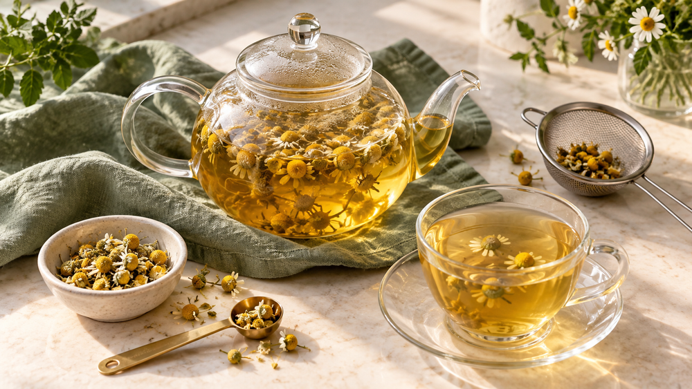 Whole chamomile flowers steeping in a clear glass teapot