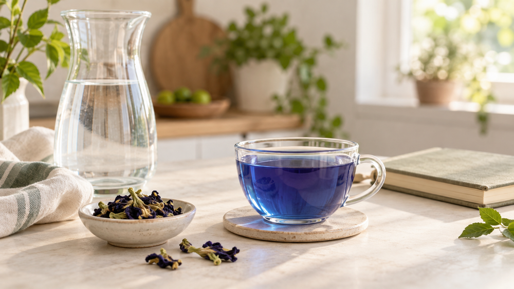 A calm everyday cup of butterfly pea flower tea with a measured pinch of dried flowers