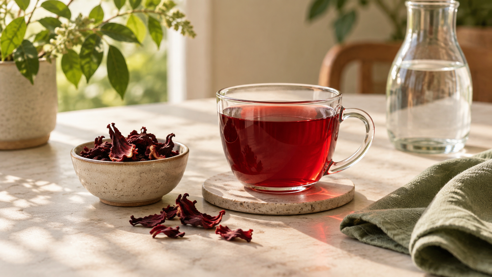 Daily cup of ruby hibiscus tea with dried hibiscus flowers and calendar-like wooden tiles without text