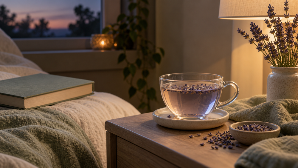 Pale lavender tea in a quiet evening setting with dried culinary lavender buds