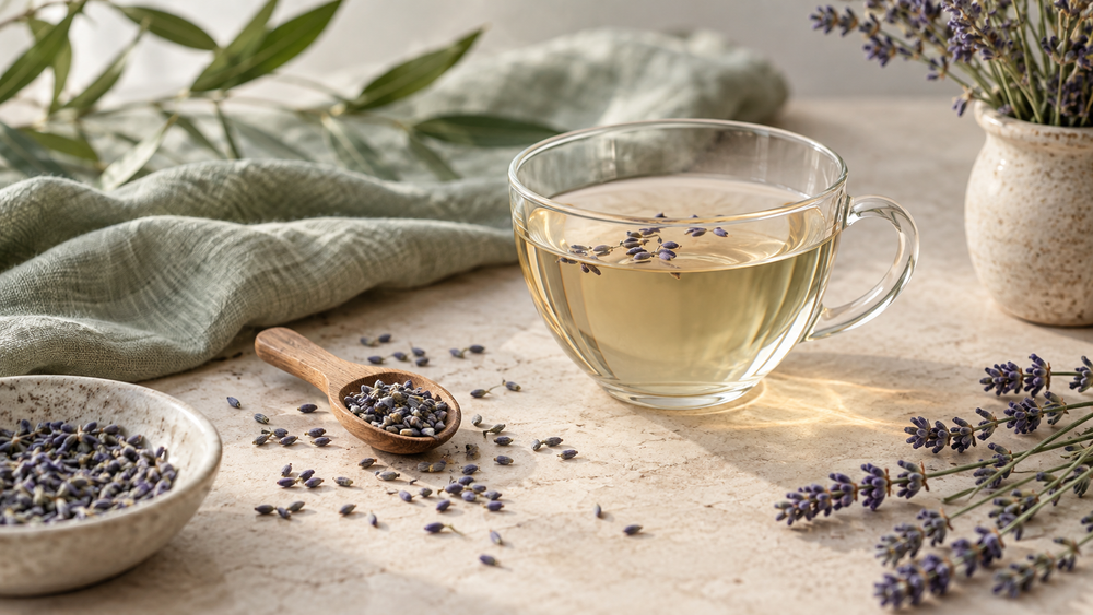 Pale lavender flower tea with culinary Lavandula angustifolia buds