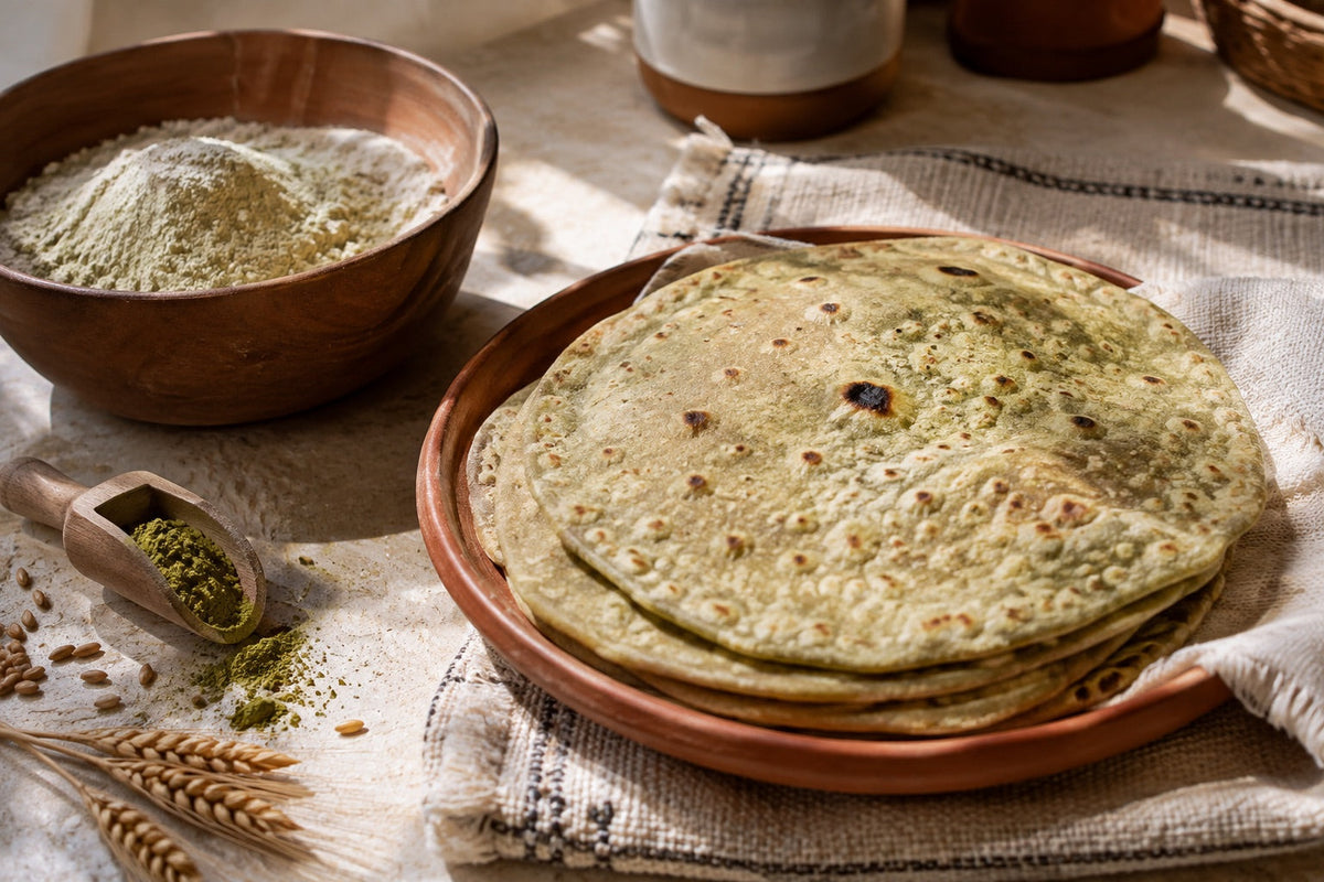 Fresh moringa atta rotis with whole wheat flour and moringa leaf powder