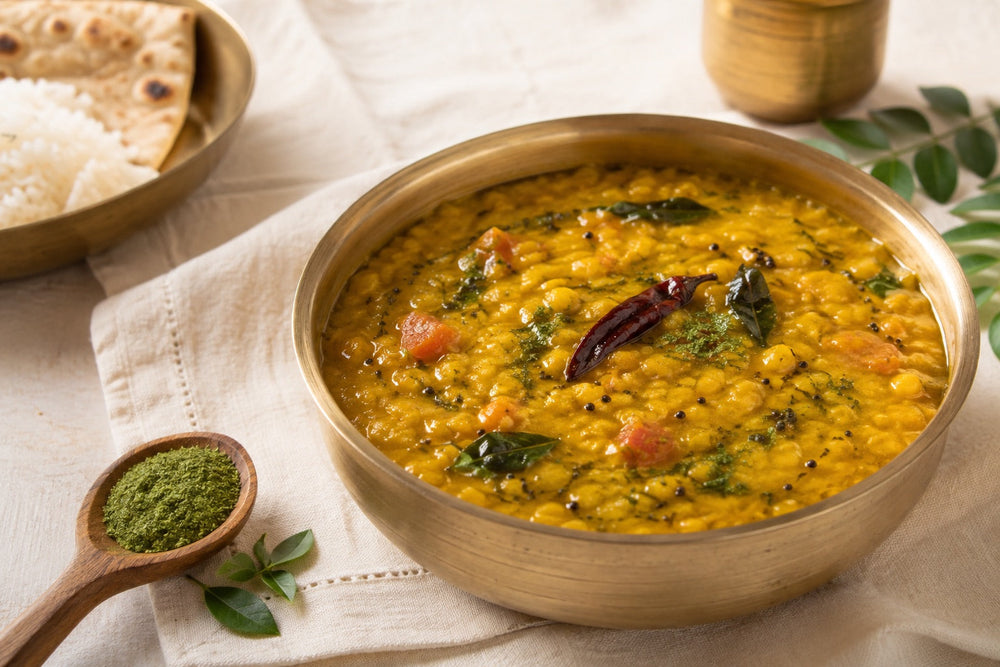Bowl of toor dal with moringa powder, tomato, curry leaves and dried chilli