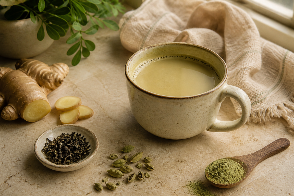 Moringa morning chai with ginger, cardamom and moringa leaf powder