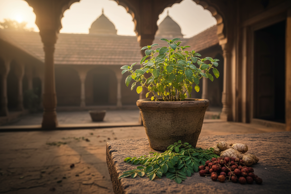Tulsi plant in a traditional courtyard with moringa leaves, ginger and berries