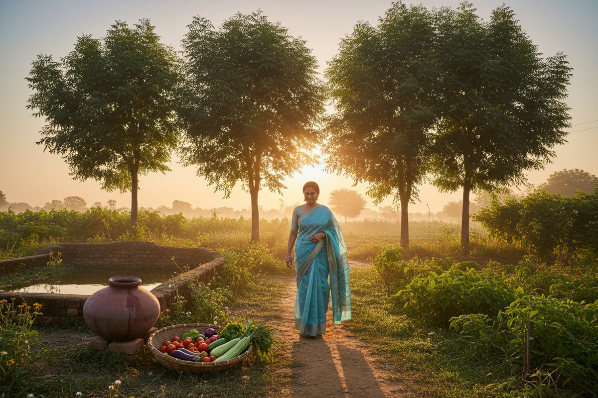 Woman walking through a kitchen garden at sunrise beside freshly harvested vegetables