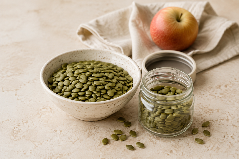 Pumpkin seeds in a ceramic bowl and reusable snack jar beside a fresh apple