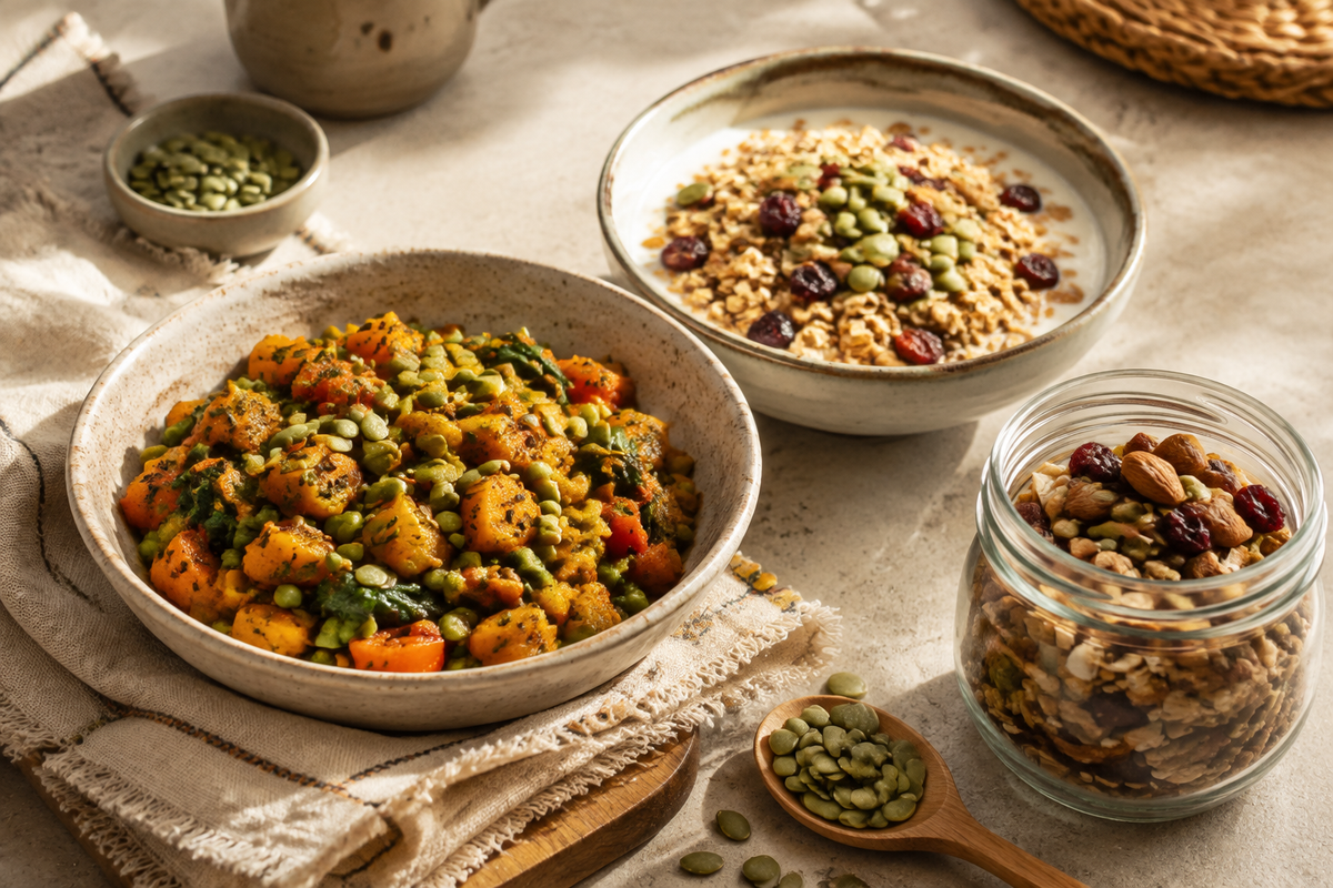 Pumpkin seeds served with vegetable sabzi, breakfast granola and homemade snack mix