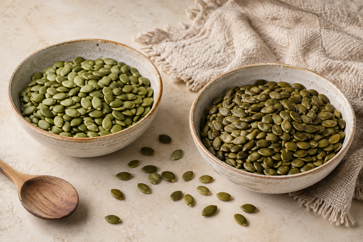 Raw and gently roasted pumpkin seeds in two ceramic bowls