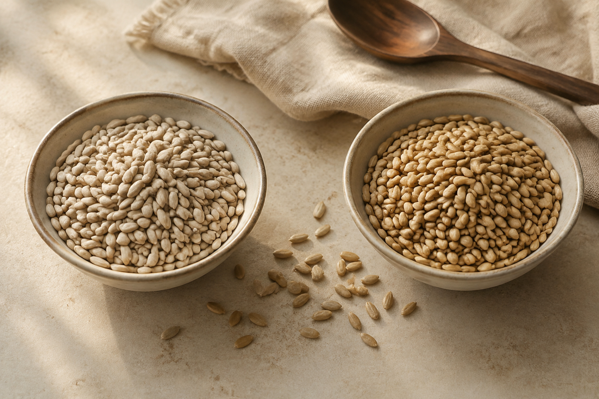 Raw and gently roasted sunflower seed kernels in two ceramic bowls