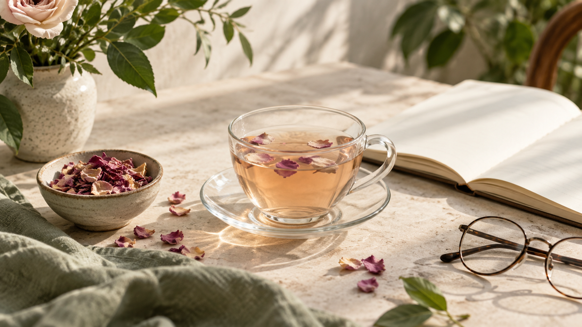 Rose petal tea beside dried edible petals and a blank research notebook