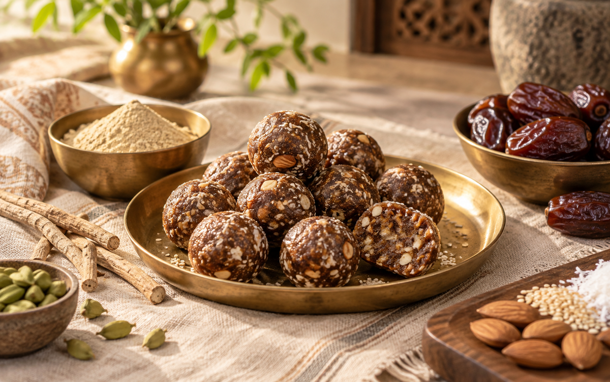 Small ashwagandha khajoor ladoos with dates, sesame and almonds