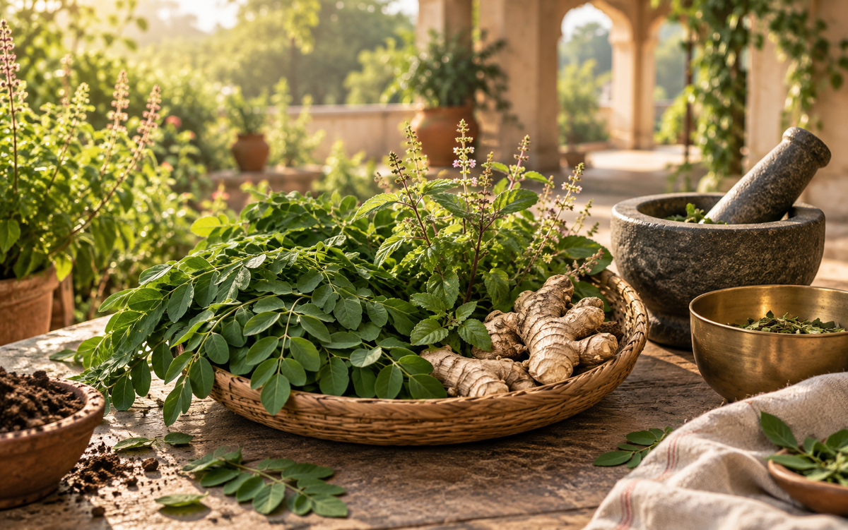 Fresh moringa leaves, tulsi and ginger gathered beside a stone mortar in a sunlit courtyard kitchen