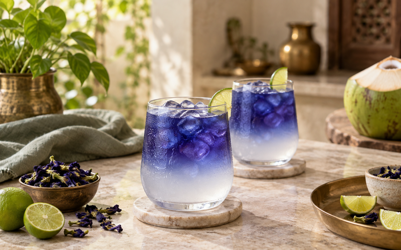Butterfly pea coconut cooler with blue tea, coconut water and lime