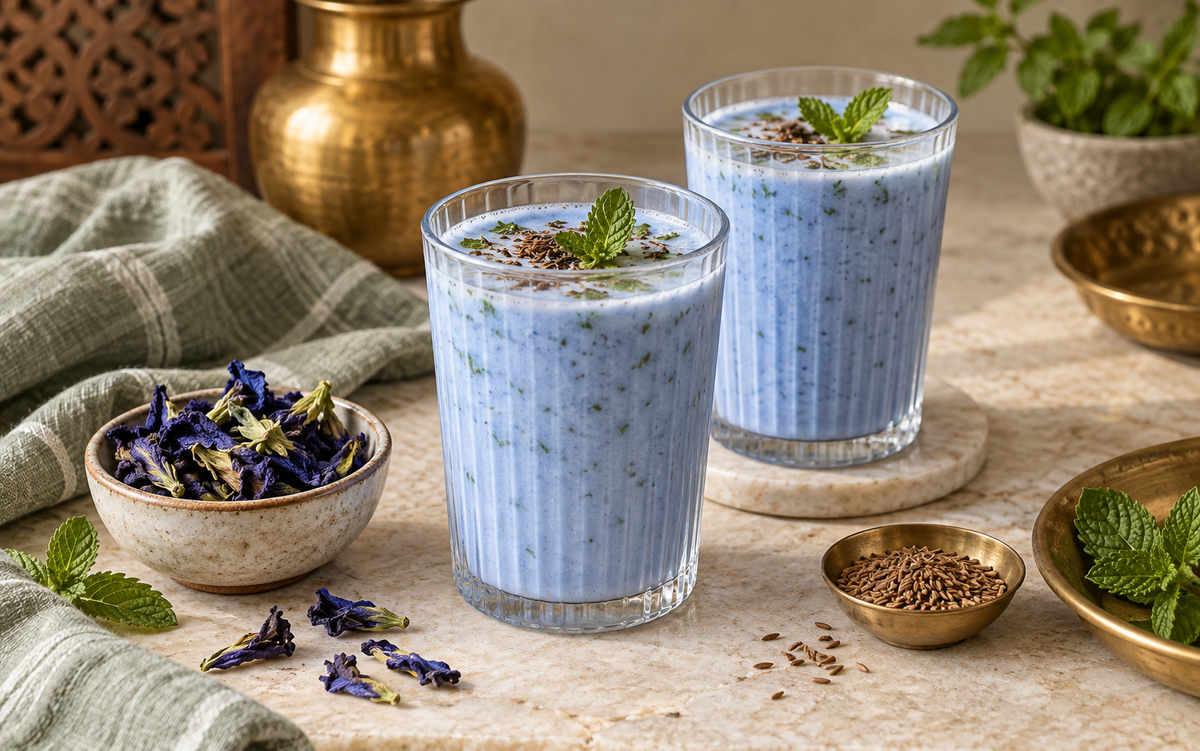 Butterfly pea masala chaas with cumin, mint and a pale blue infusion