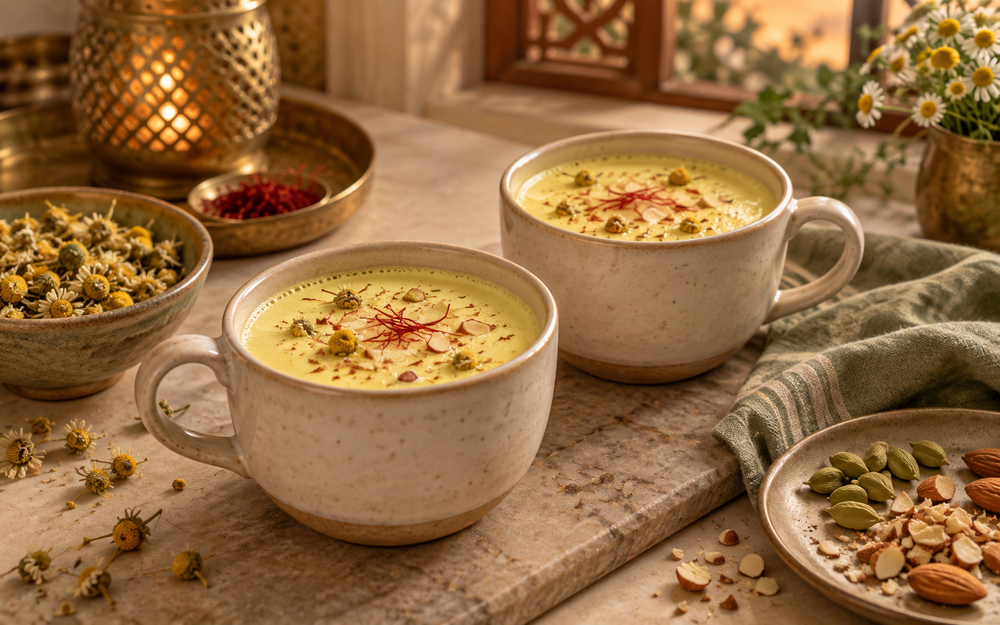 Chamomile kesar milk with saffron, cardamom and almonds