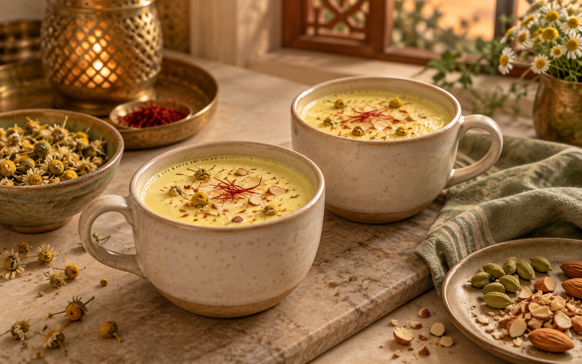 Chamomile kesar milk with saffron, cardamom and almonds