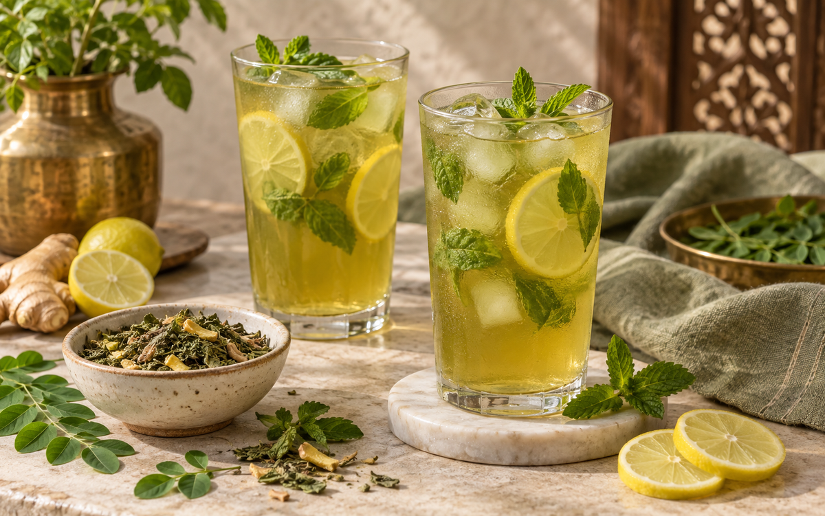 Iced moringa nimbu tea with lemon, mint and jaggery