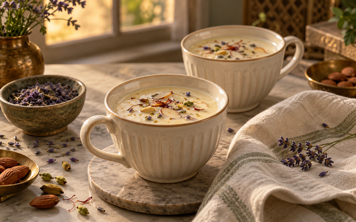 Warm lavender badam milk with almonds, cardamom and saffron